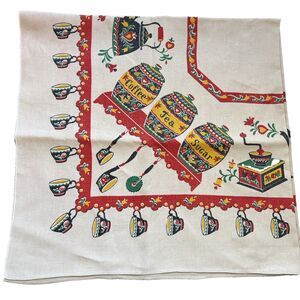 Vtg Pennsylvania Dutch Folk Art Tablecloth COFFEE TEA CUPS Canisters Linen 50x50